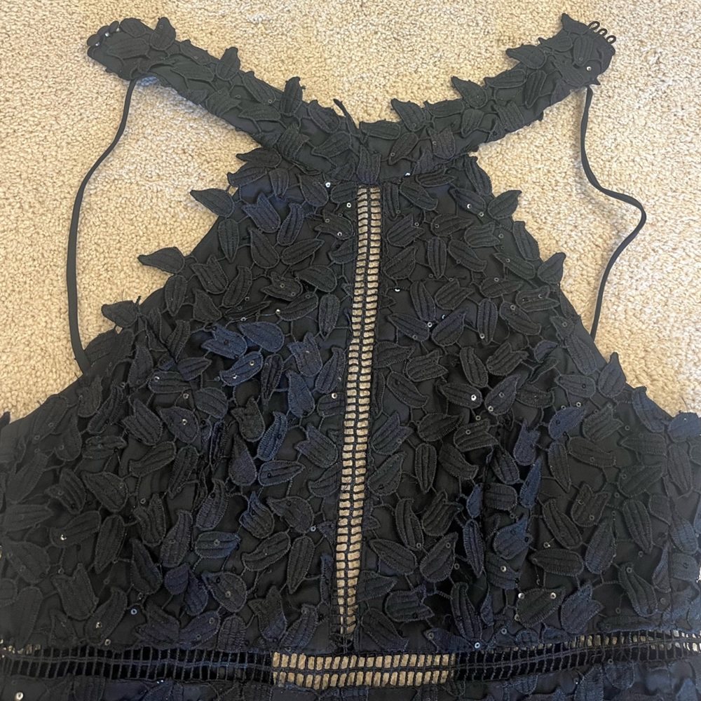 Bardot Black Sequin Sleeveless Mini Halter Dress with Lace & Open Back Small 4 - Picture 6 of 11